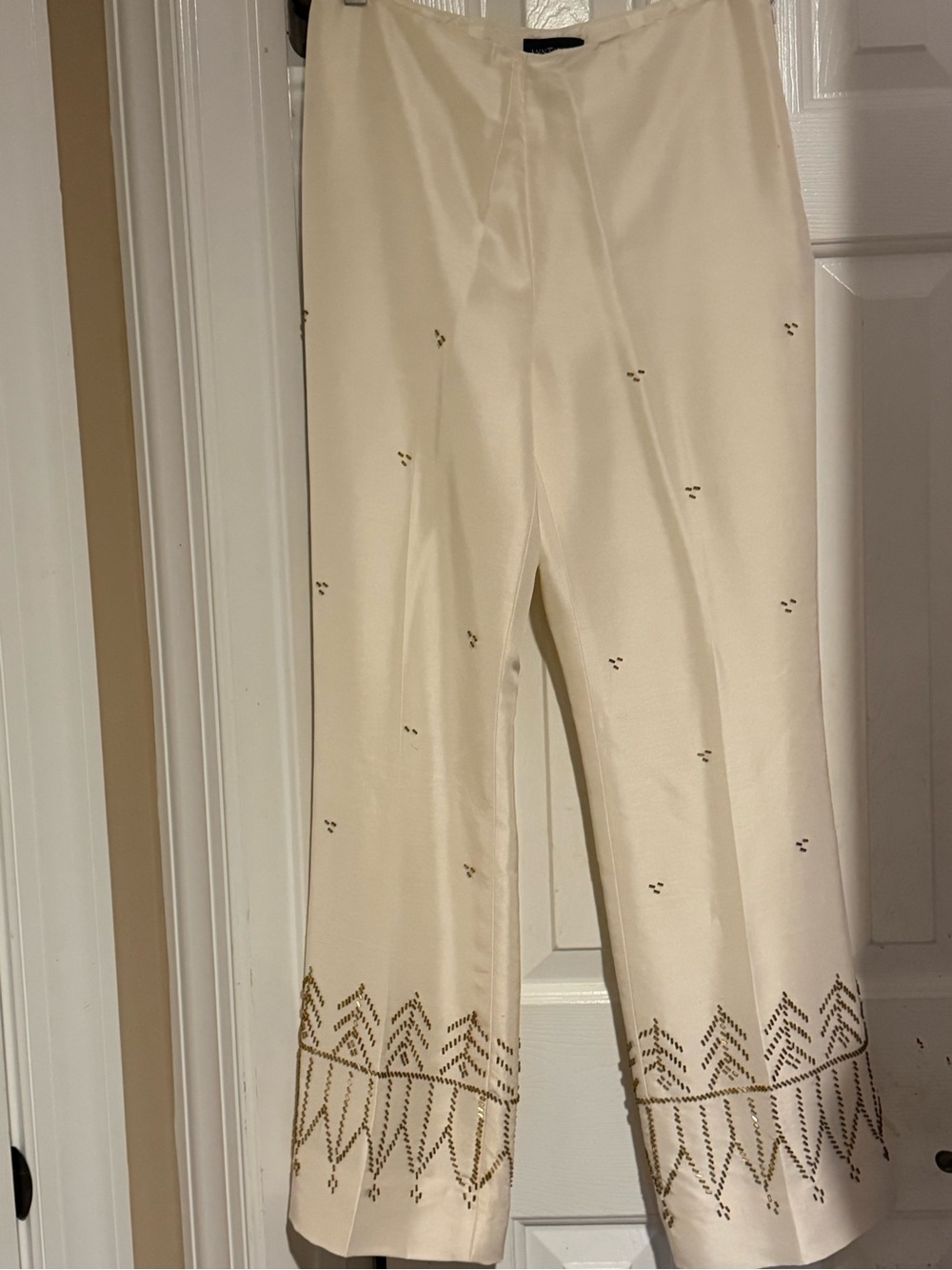 Ann Taylor Cream 100% Silk Dress Pants with Gold Embellished Hem